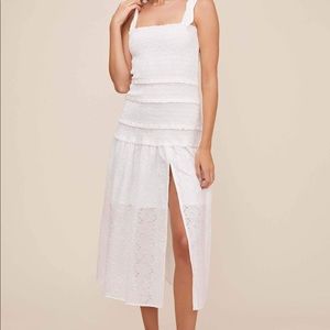 ASTR THE LABEL TESSA SMOCKED EYELET MIDI DRESS
